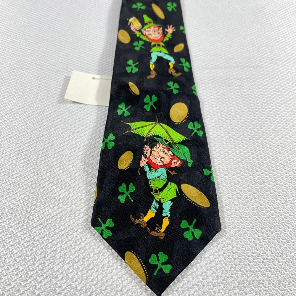 NWT Keith Daniels Mens St Patricks Day Leprechaun Shamrock Gold Coin Blk Necktie